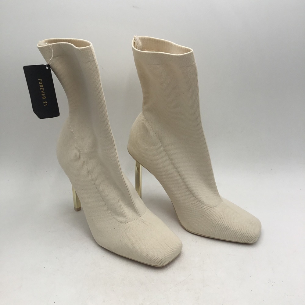 Forever 21 Cream Ribbed Knit Sock Booties Gold Stiletto Square Toe Size 9 NEW